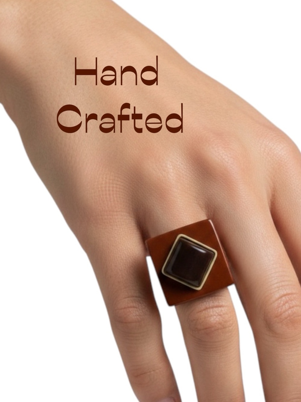 Hand Crafted Rust Brown Cream Square Buttons Adjustable Ring NWT